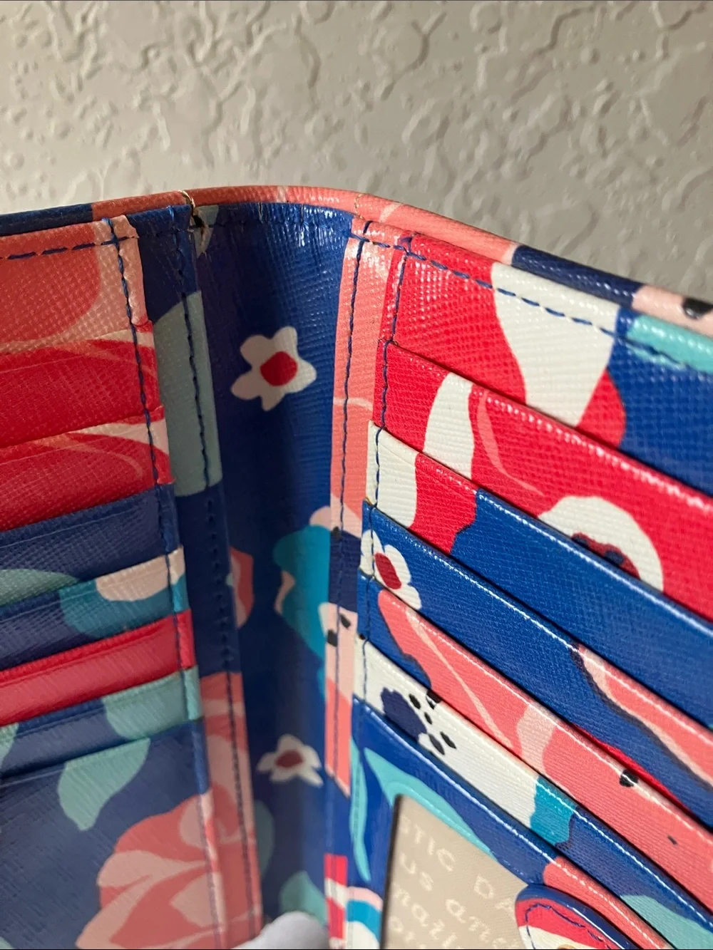 kate spade: Blue Floral Bifold Wallet: Storybook- Red & Mint Accents- Flaws